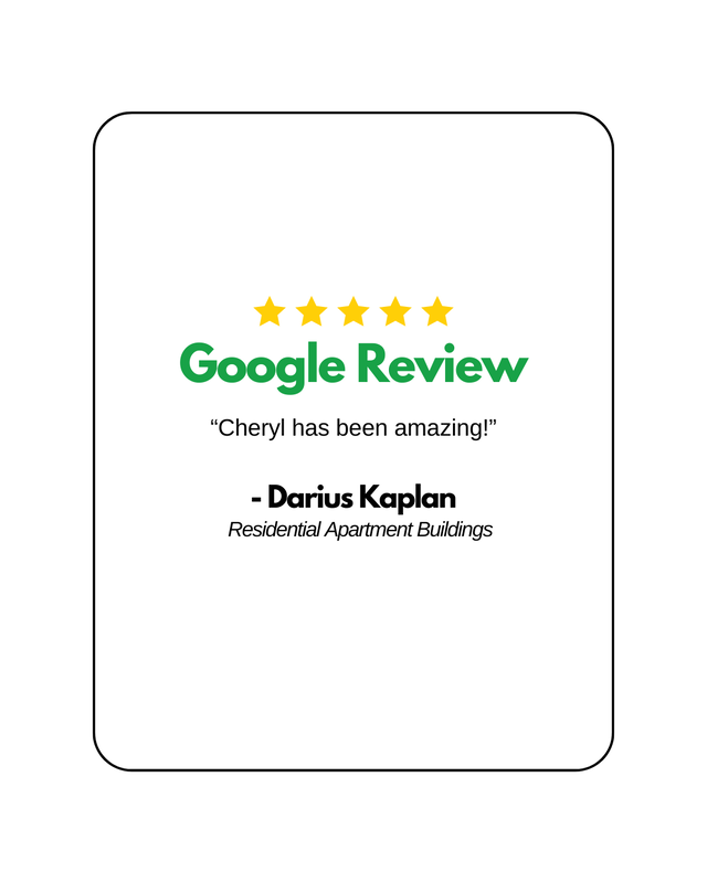 5 Star Google Review for Every Day Accounting LLC that says "Cheryl has been amazing!" by Darius Kaplan, Residential Apartment Building Owner